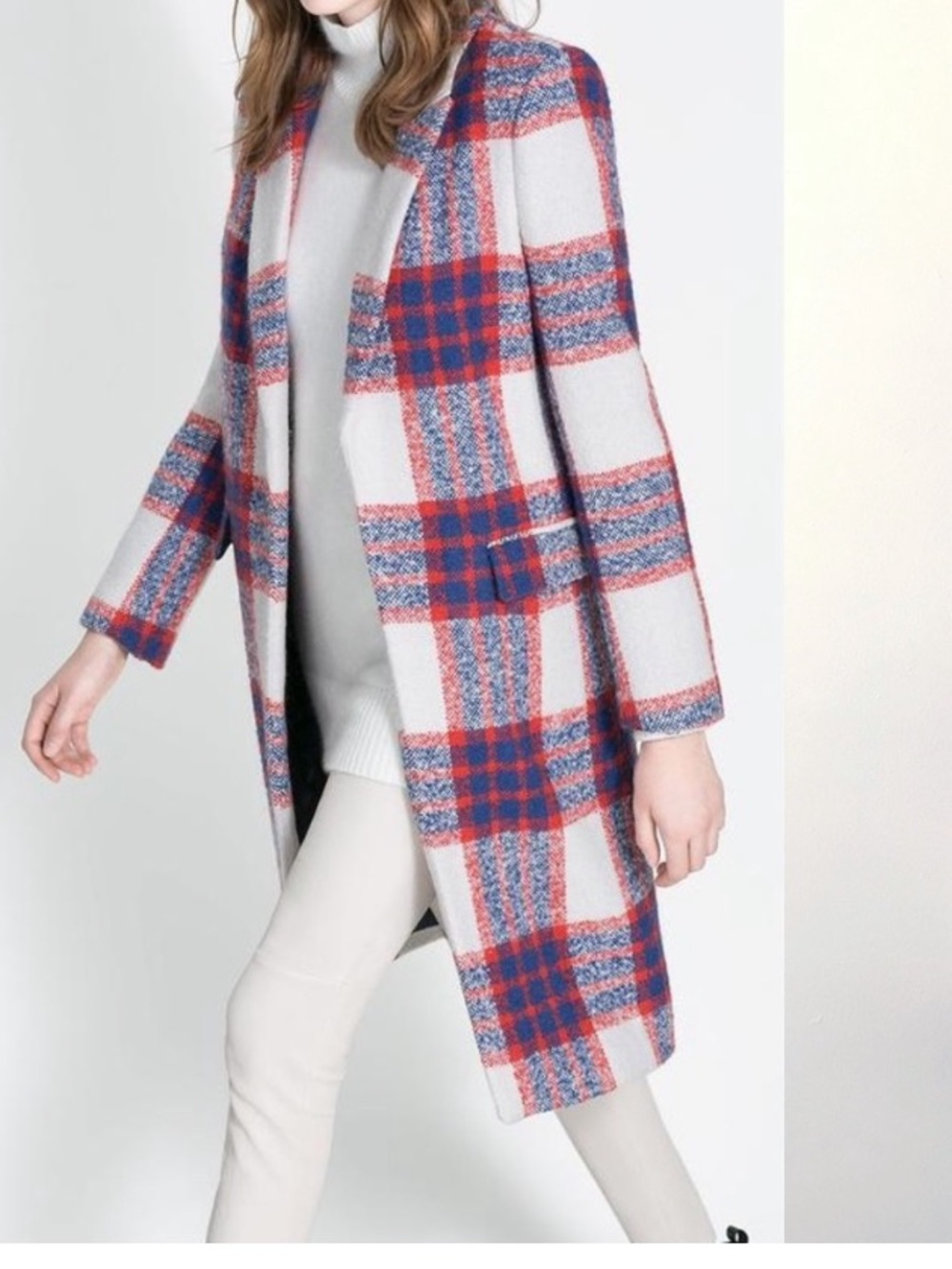 Zara White Plaid Pea Coat with Red & Blue Checks